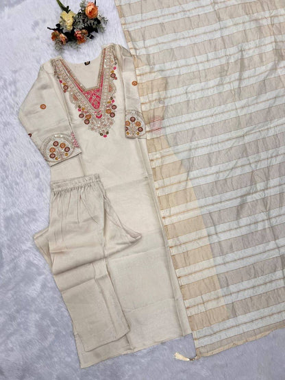 Laksharaa Sarees Embroidered Kurta Set Off-White Full Flat Lay