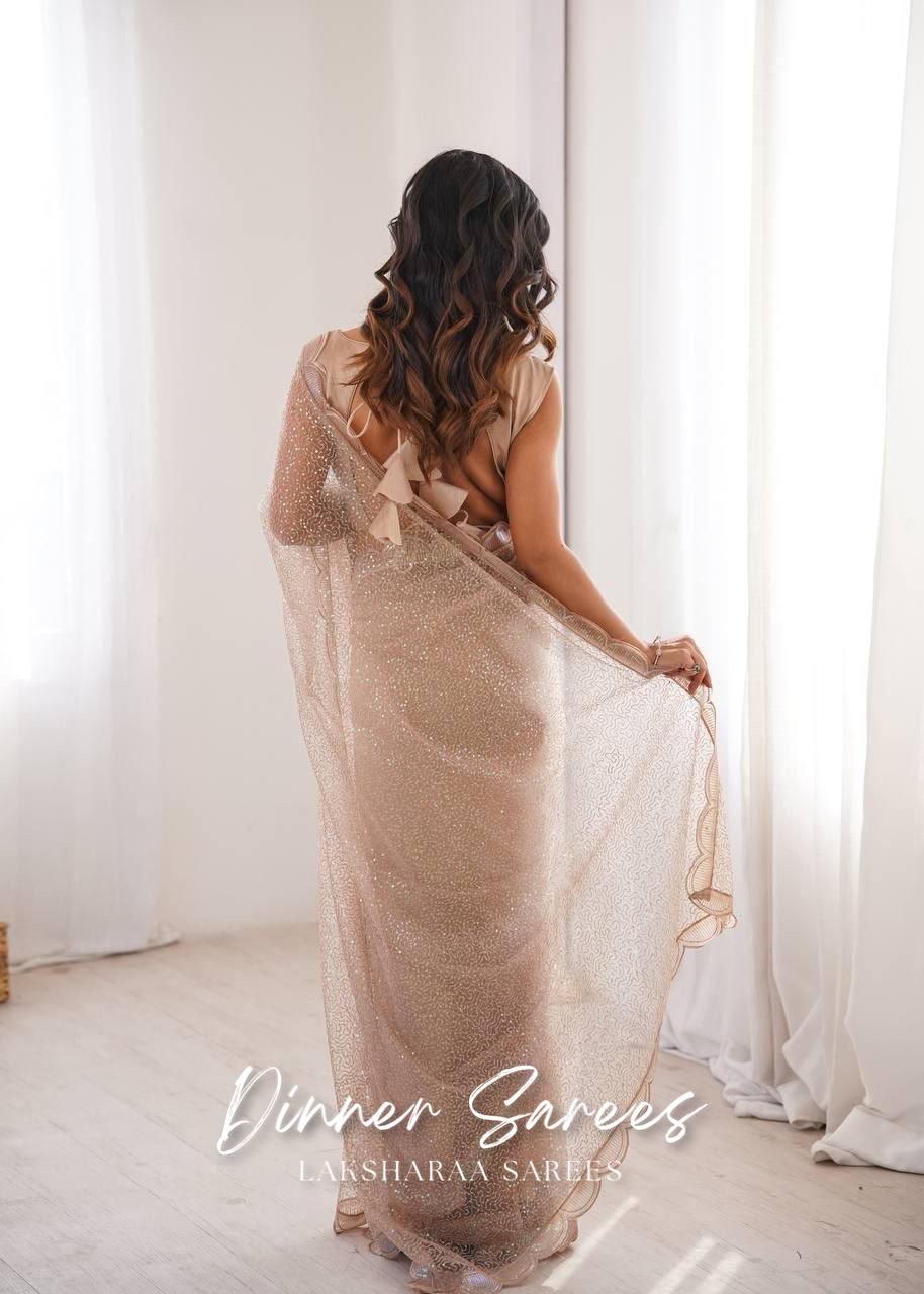 Laksharaa Sarees YASHVI - Partywear Net Georgette Saree Champagne on Model Back View