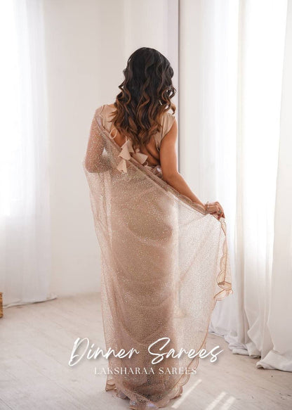 Laksharaa Sarees YASHVI - Partywear Net Georgette Saree Champagne on Model Back View