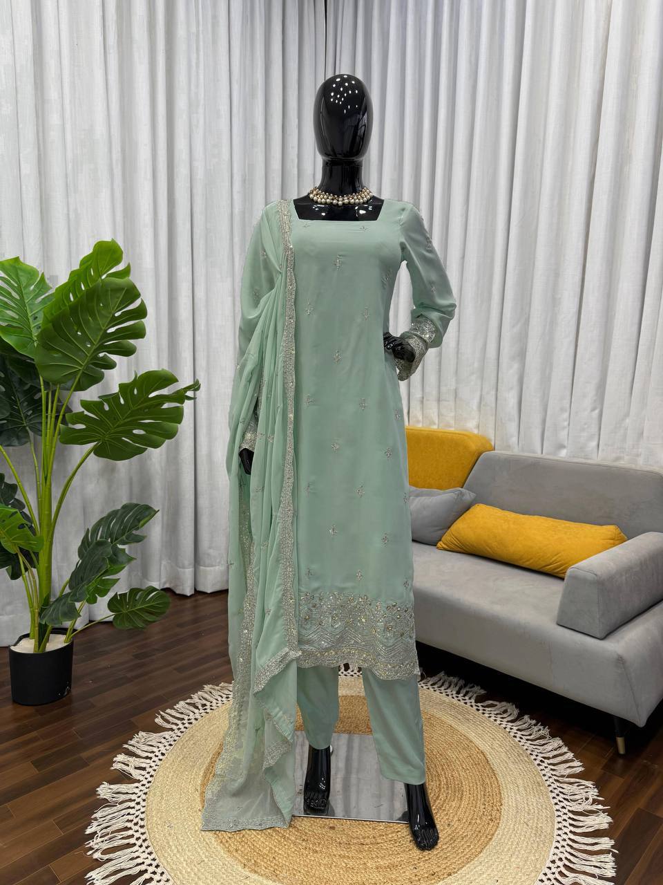 Laksharaa Sarees Georgette Pakistani Salwar Kameez Sage Green Worn by Mannequin