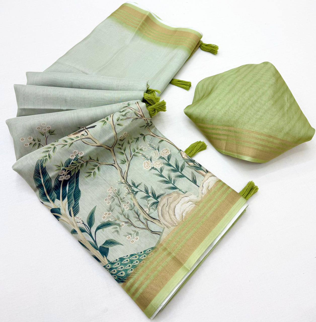 Laksharaa Sarees beautiful linen Saree Light Sage Green folded with blouse piece