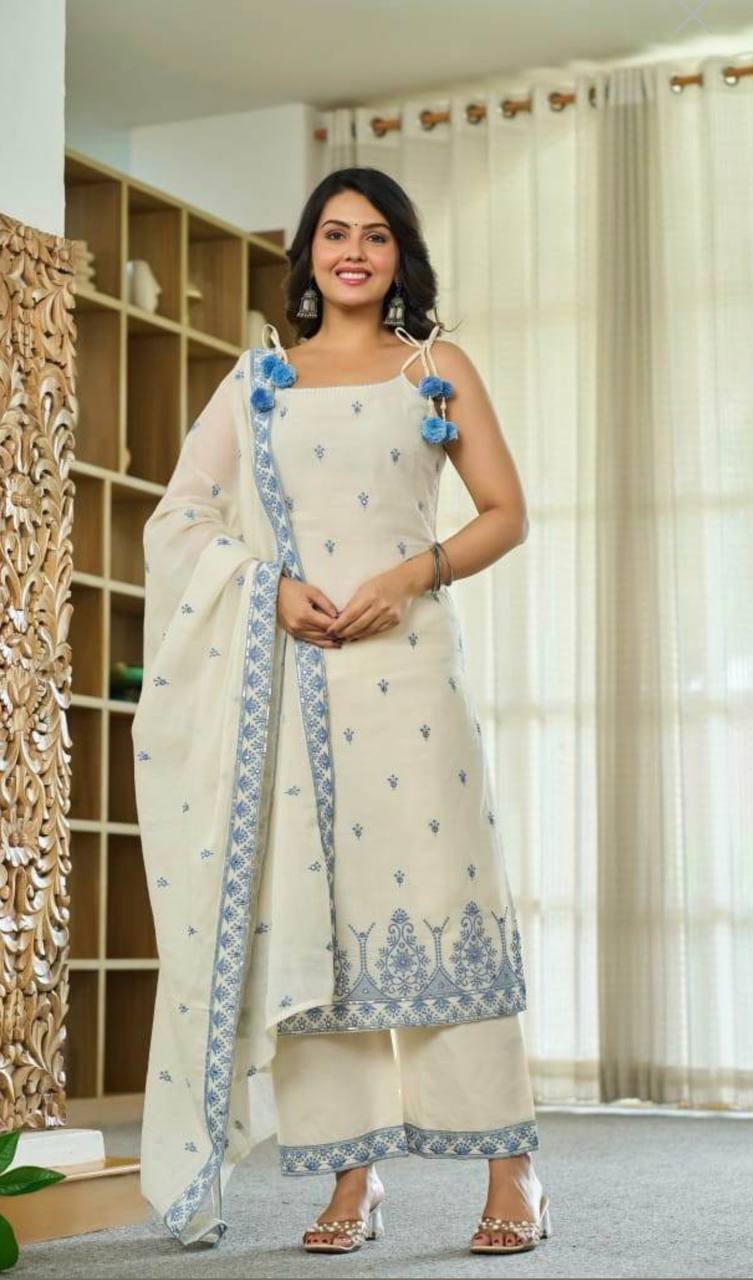 Laksharaa Sarees Maska Cotton Silk Kurta Set Off-White with Blue Embroidery Model Standing