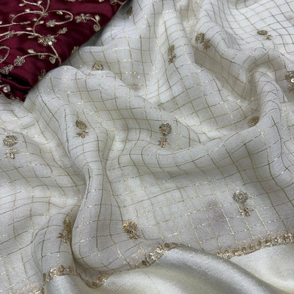 Laksharaa Sarees Ivory Cream x Maroon Viscose Saree Ivory