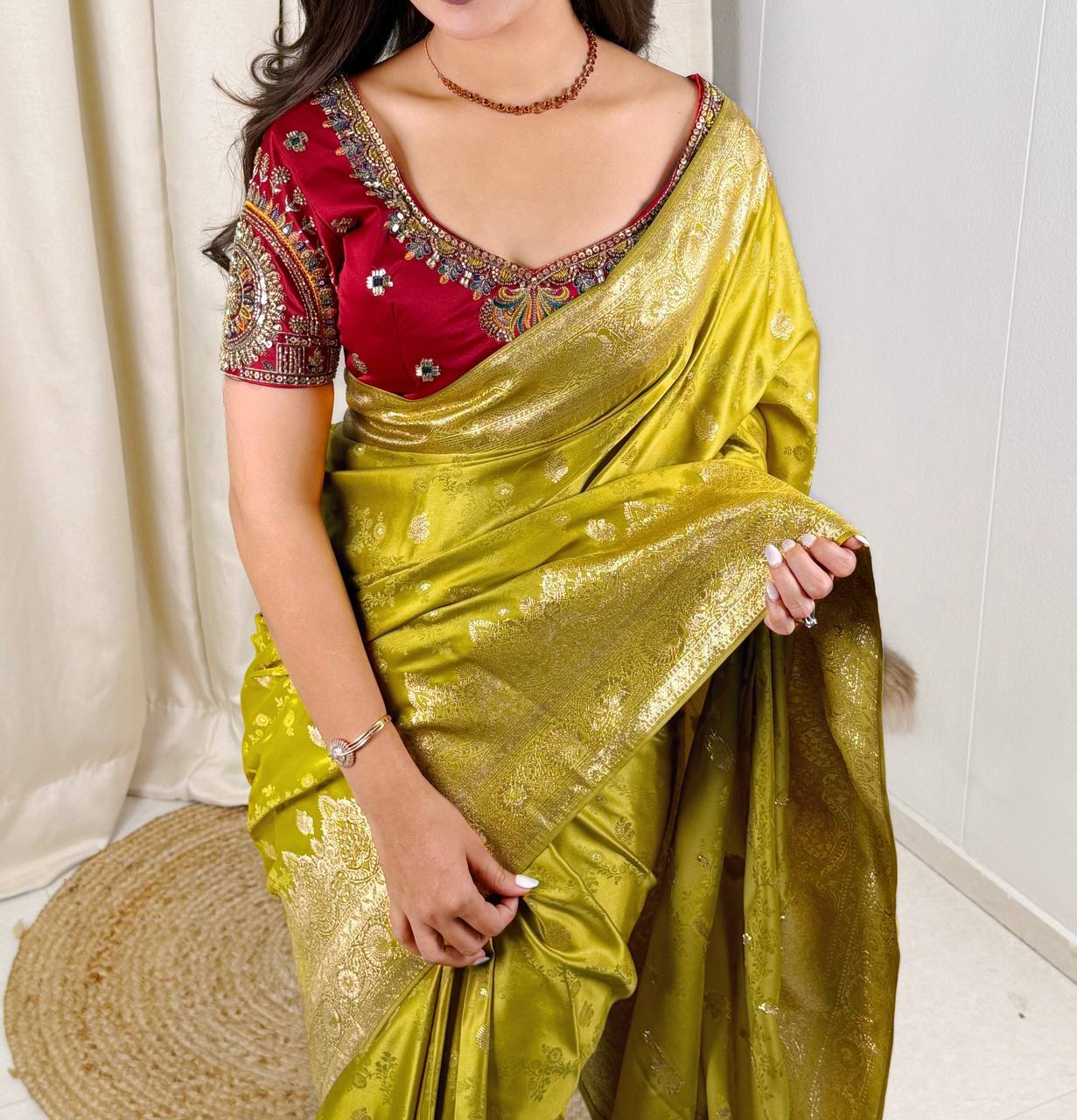 Laksharaa Sarees RANI Premium Banarasi Saree with Handwork Blouse Olive Green