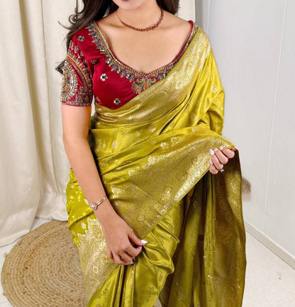Laksharaa Sarees RANI Premium Banarasi Saree with Handwork Blouse Olive Green