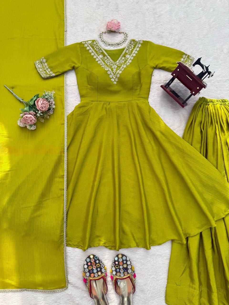 Laksharaa Sarees NARMILA Anarkali Set Lime Green Flat Lay