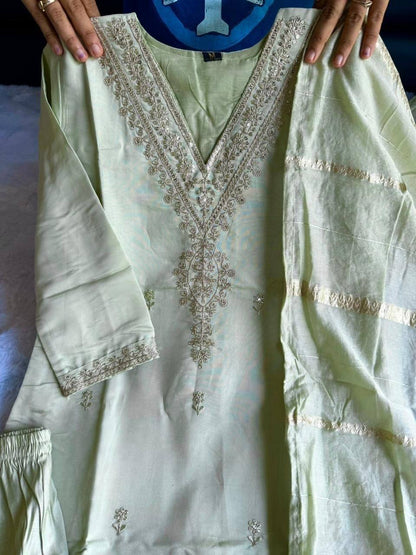 Laksharaa Sarees Roman Silk Pastel Green Comfy Kurti Set Sage Green Close-up View