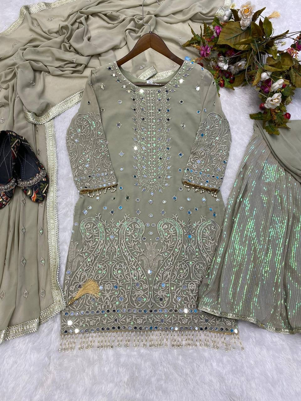 TAMANA - Olive Shimmery Sharara Suit