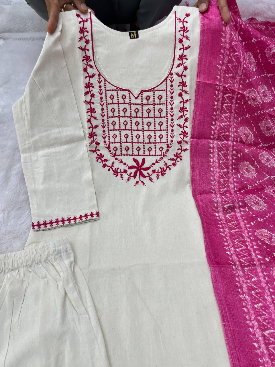 Laksharaa Sarees White x Pink Kurti Suit Off-White Front View