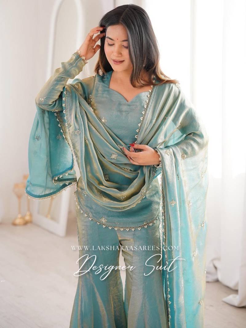 Laksharaa Sarees DEONA — Shimmer Silk Corset Back Sharara Suit Teal Model Front View