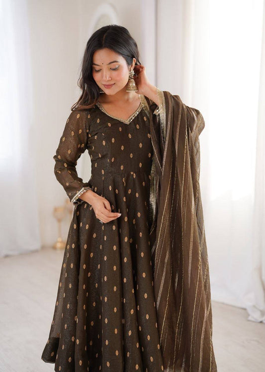 Laksharaa Sarees SHAKIRA — Crunchy Silk Anarkali Suit Dark Brown Front View