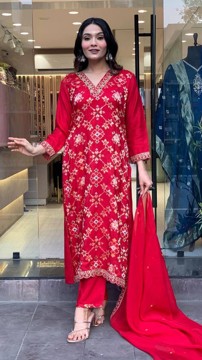 Red Premium Floral Kurti Set