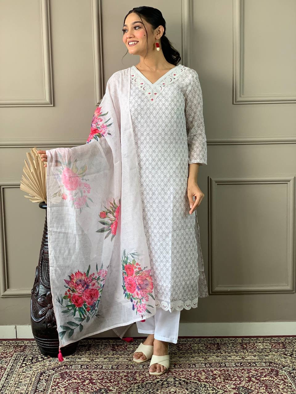 OffWhite Floral Kurti Set