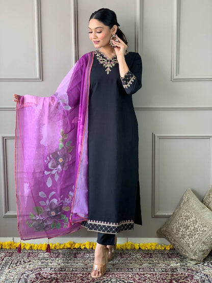 Premium Black x Purple Kurti Set with Grand Neckline