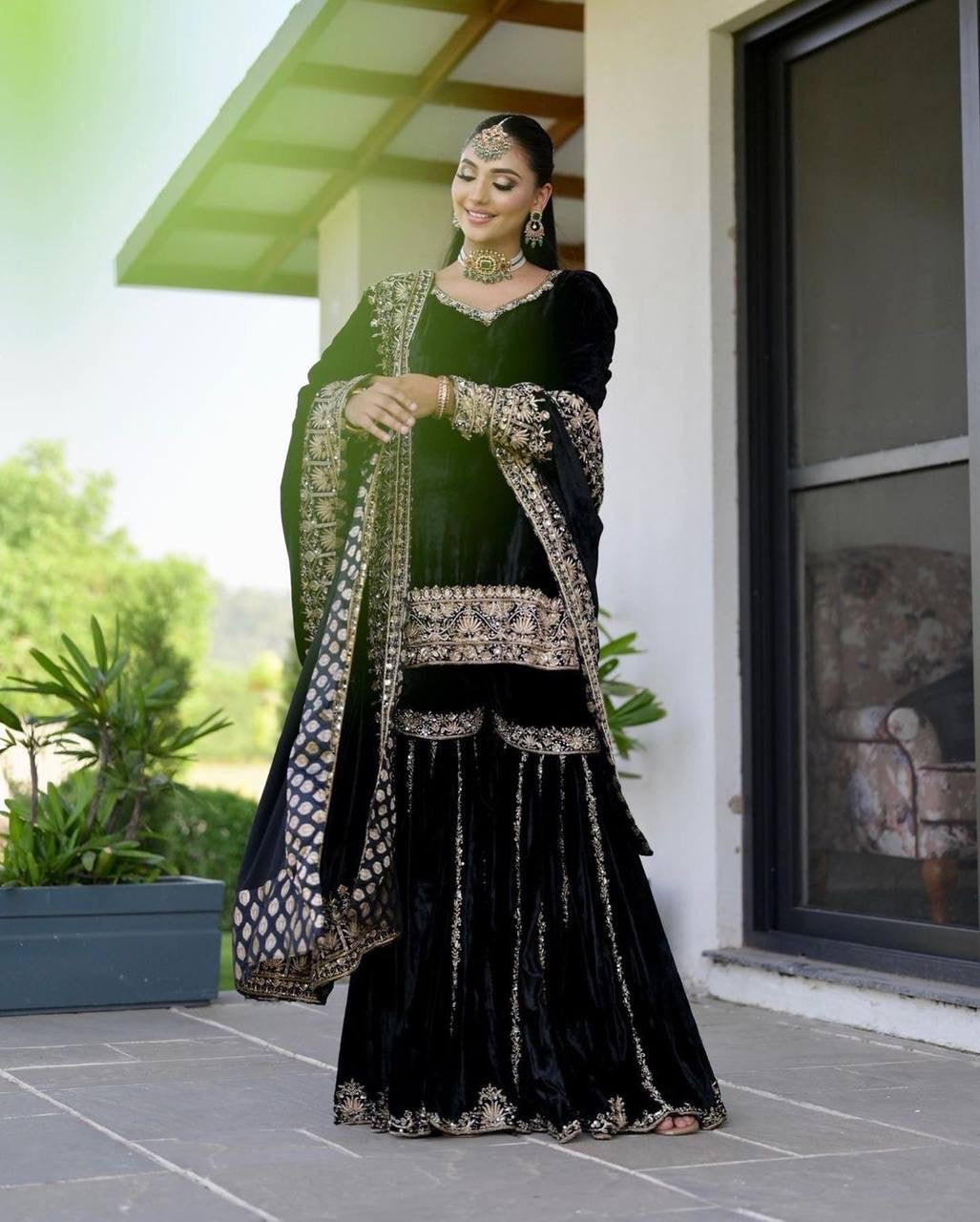 Nureen Black Velvet Sharara Suit