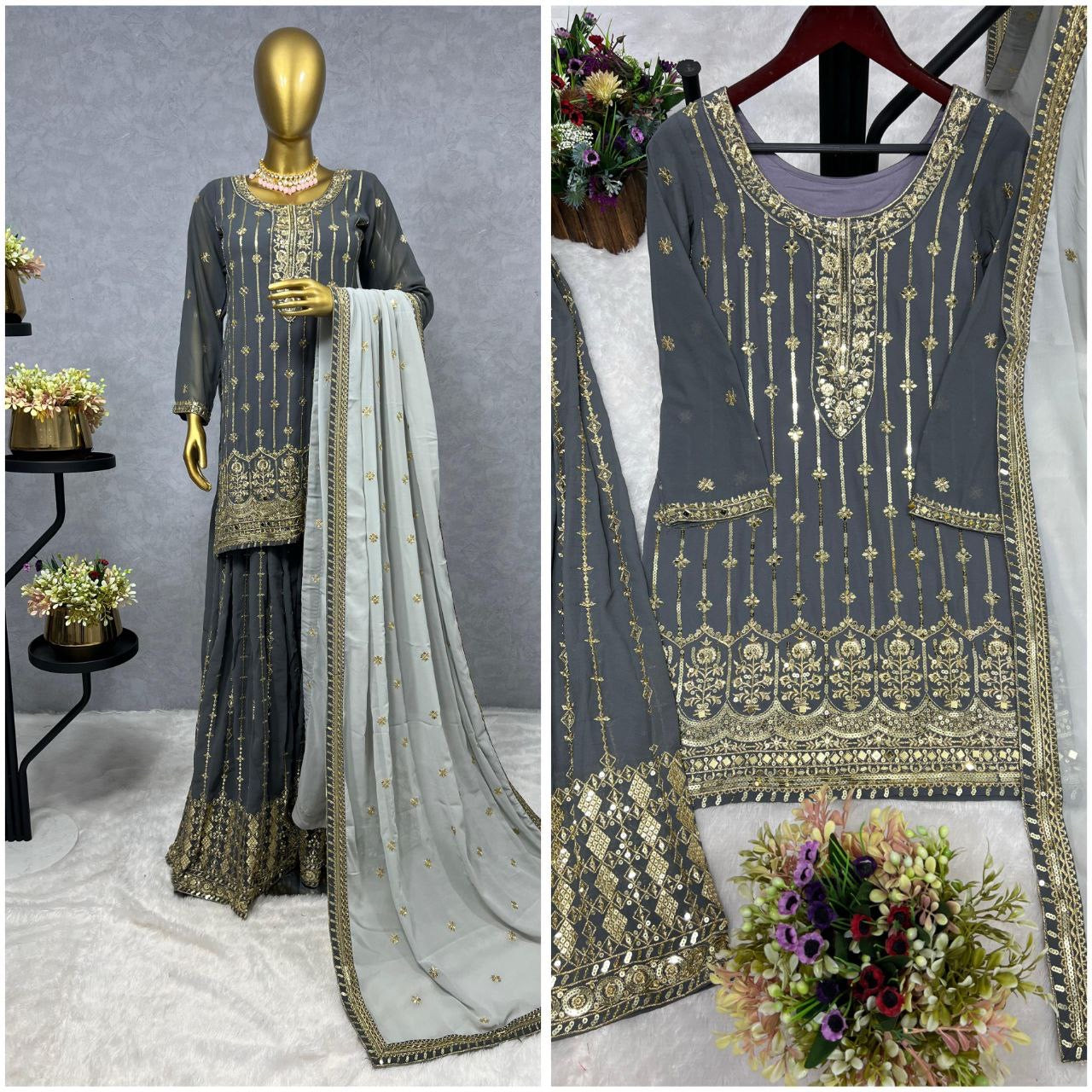 FAREEHA - Grey Premium Sharara Suit