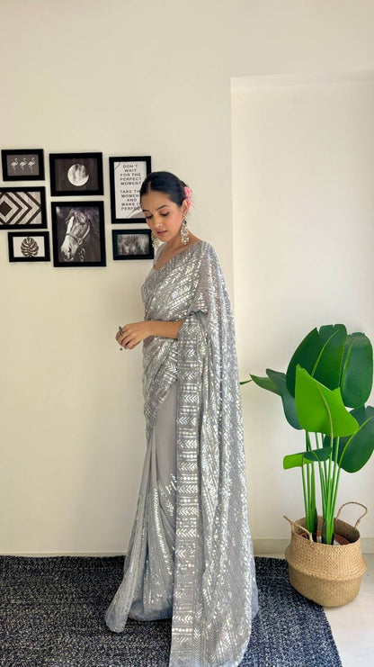 Grey x Silver Georgette Partywear Sequinned Saree