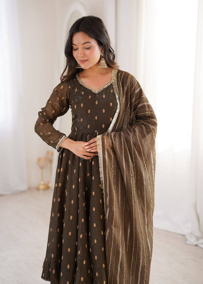 Laksharaa Sarees SHAKIRA — Crunchy Silk Anarkali Suit Dark Brown Front View with Dupatta