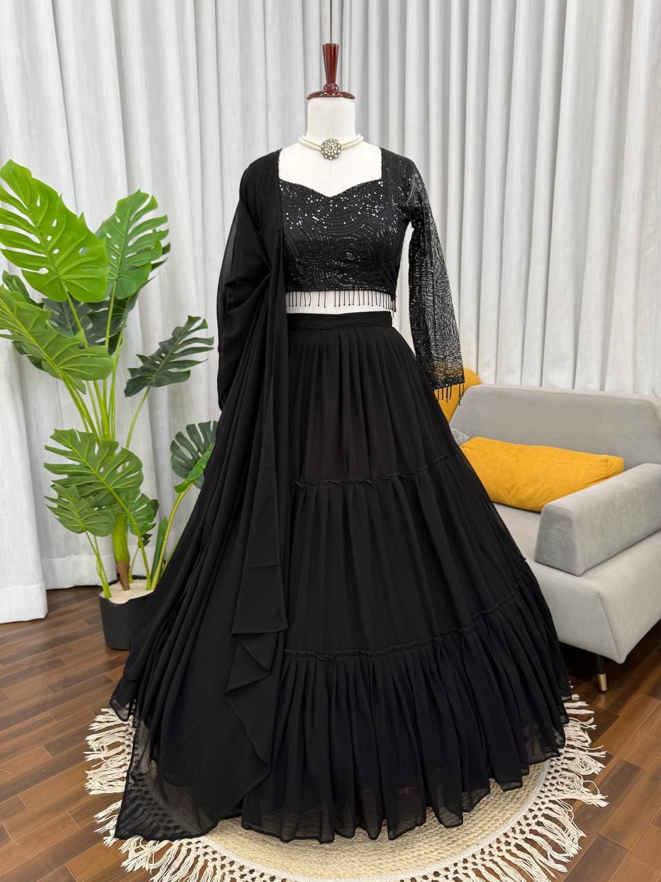 Laksharaa Sarees Black RUFFLE Georgette Lehenga Front View