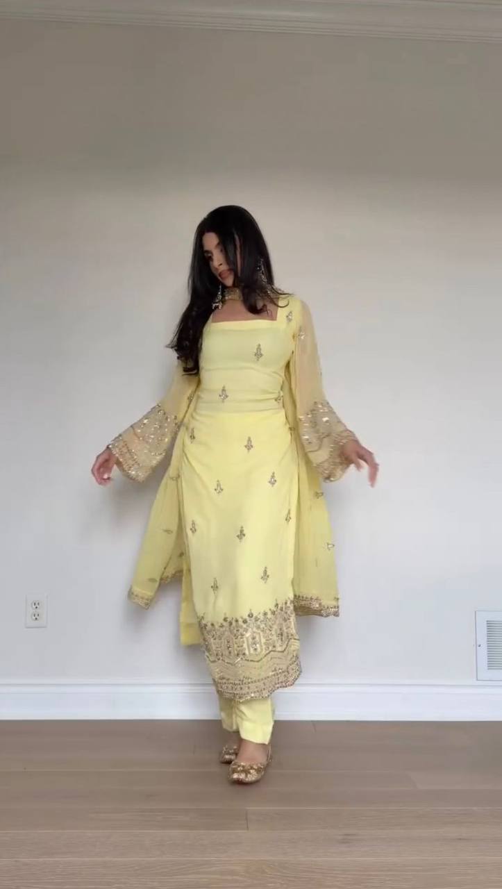 Laksharaa Sarees Georgette Pakistani Salwar Kameez Pale Yellow Worn by Model