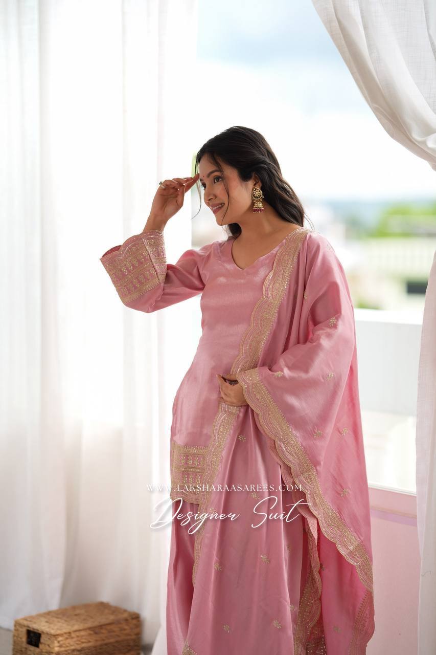 Laksharaa Sarees PAIGE Farshi suit Buttery Pink worn by model, front view