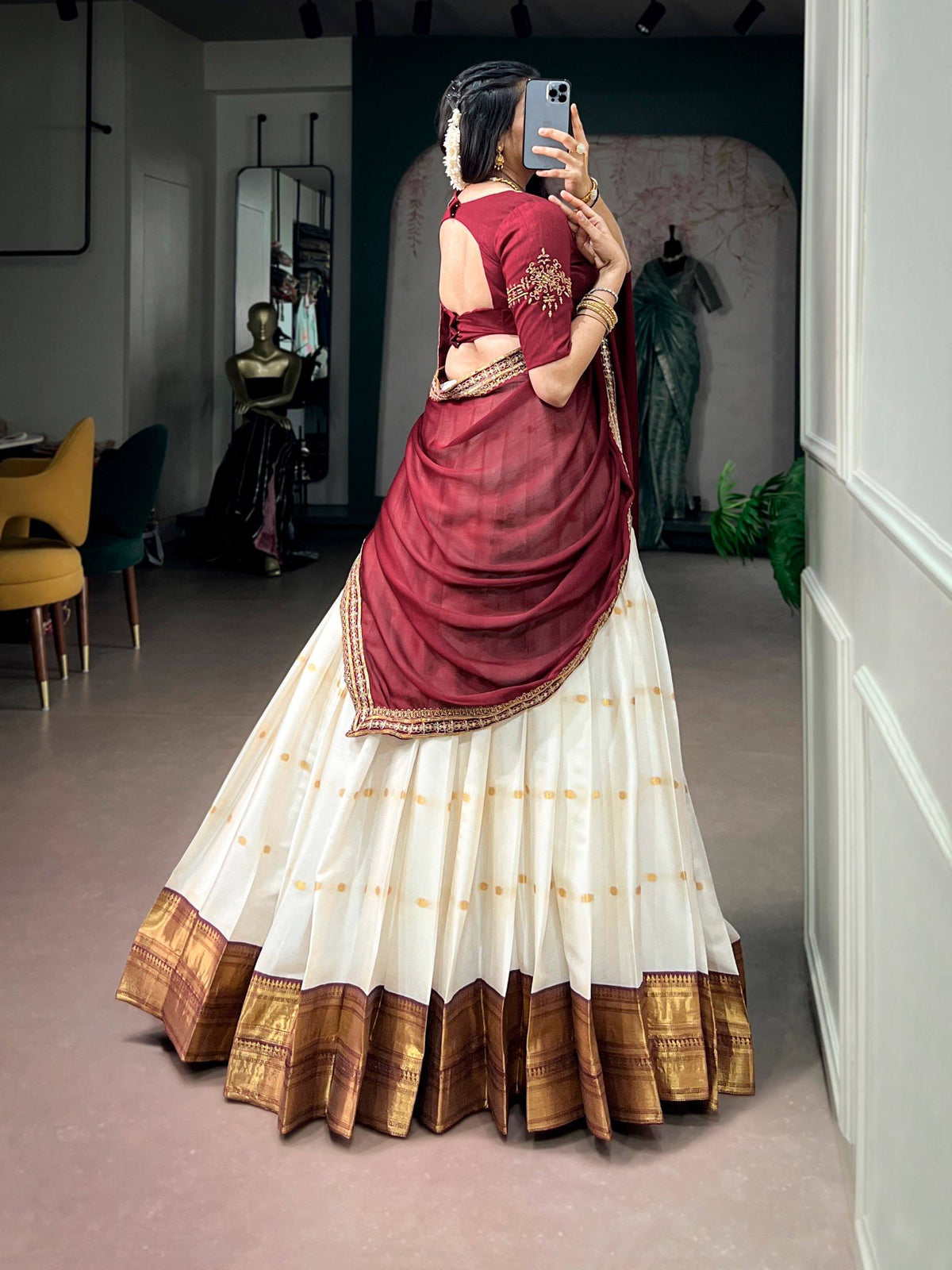 Laksharaa Sarees JALINI — Soft Cotton Maroon x White Half Saree Lehenga Back View