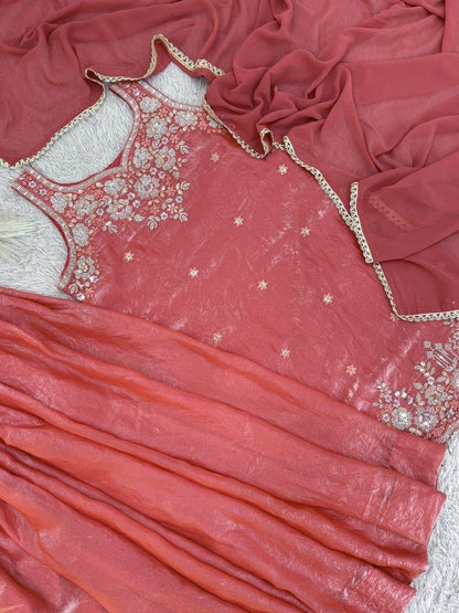 Laksharaa Sarees Shimmer Sharara Suit Coral Full Set Flat Lay Overhead View
