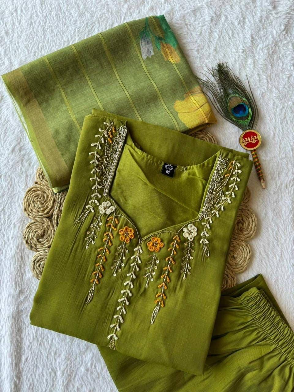 Laksharaa Sarees Green Mul Chanderi Kurti Suit Parrot Green
