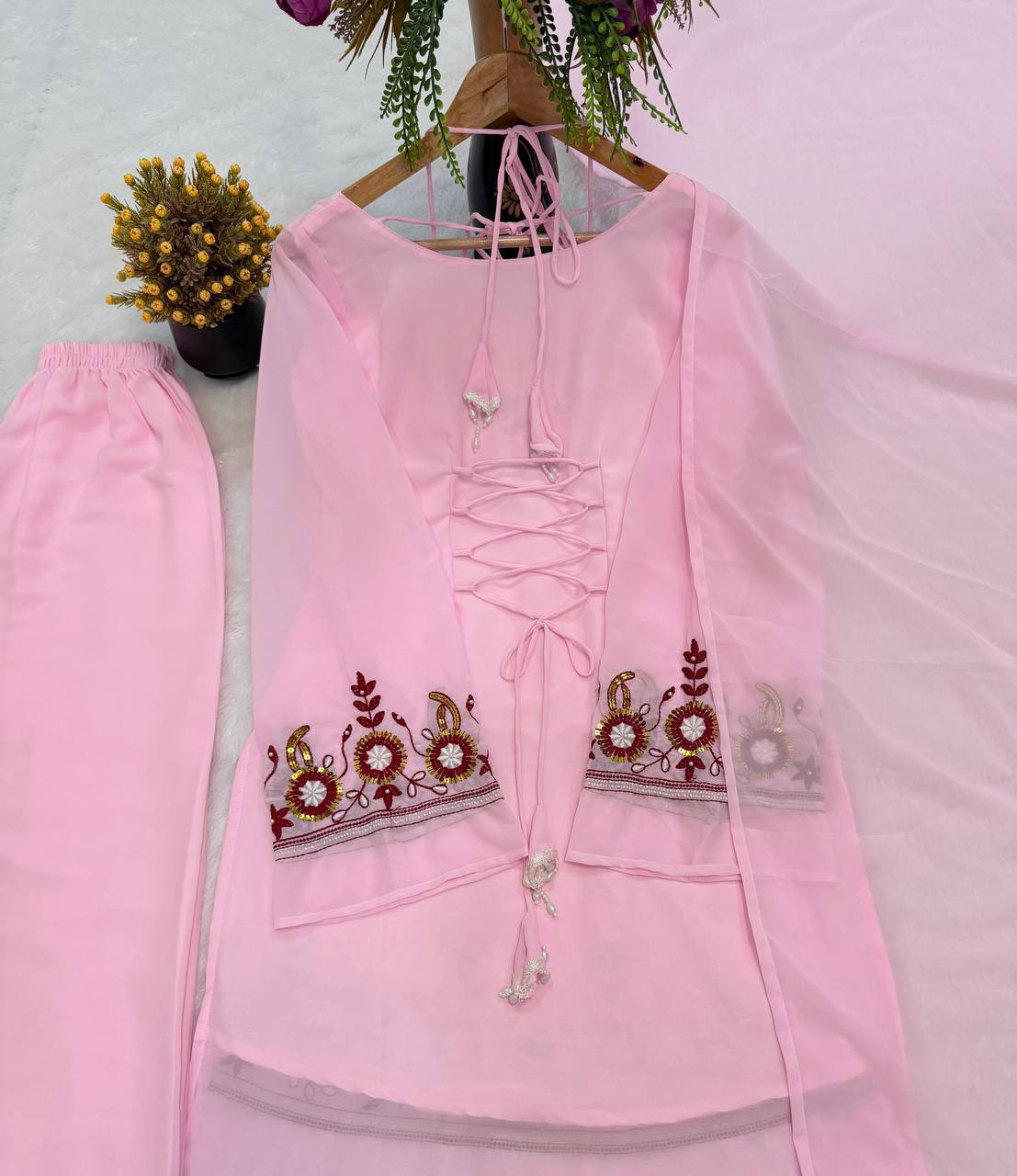 Laksharaa Sarees ALYNA Soft Pink Floral Top x Pants Set Pink Back View