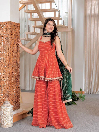 Laksharaa Sarees HANI bandhani print Sharara suit Orange Model Wearing Front