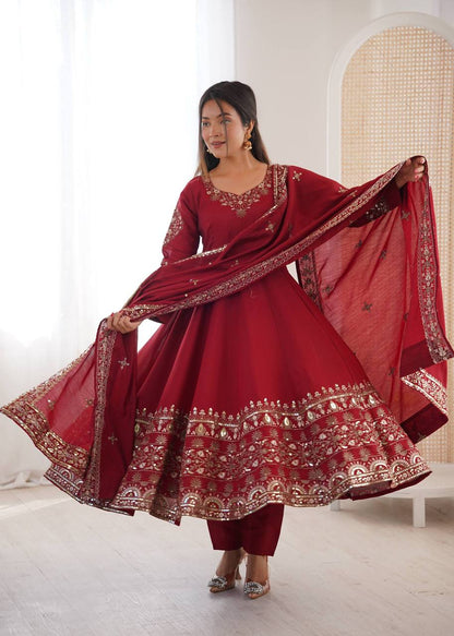 Laksharaa NAVIRA Roman Silk Anarkali Suit Burgundy Twirling Pose