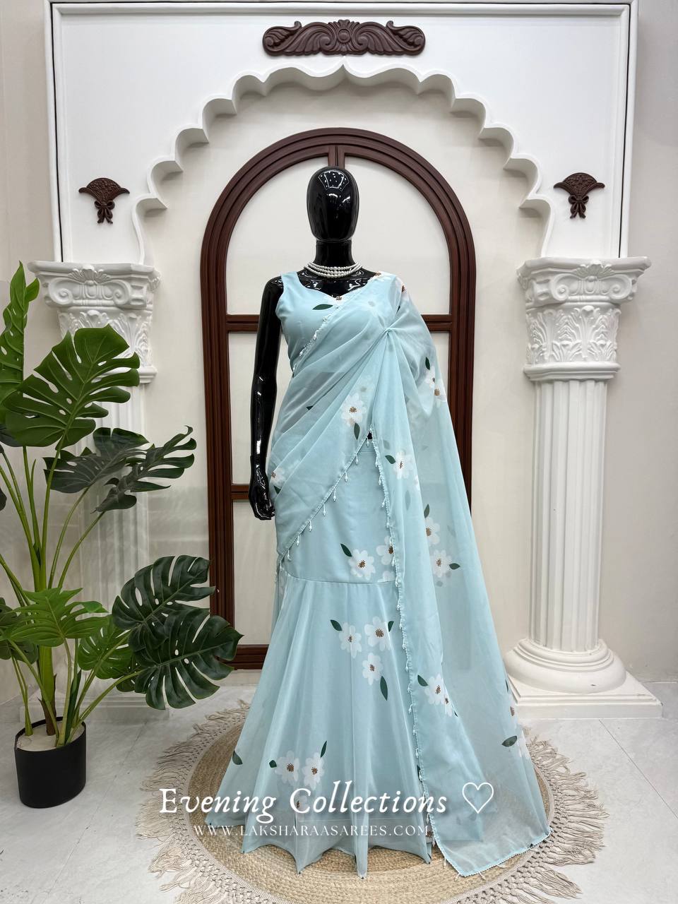 Laksharaa Sarees MAISY Aqua Lehenga Saree on Mannequin Full Length with Plants