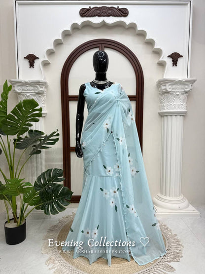 Laksharaa Sarees MAISY Aqua Lehenga Saree on Mannequin Full Length with Plants