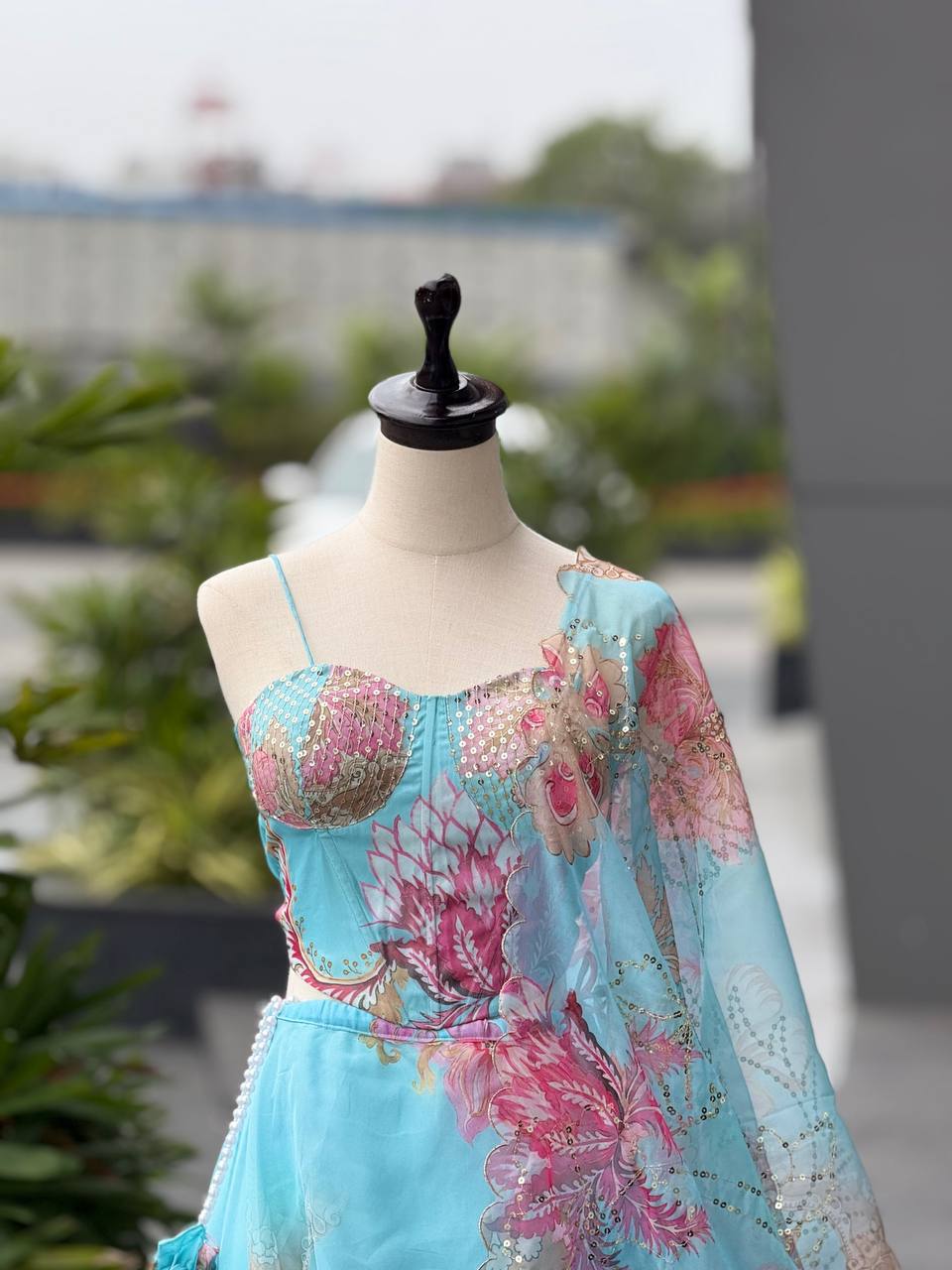 Laksharaa Sarees DIANA - Sky Blue Corset Style Partywear Lehenga Sky Blue Top Detail on Mannequin