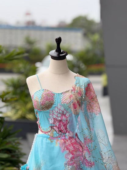 Laksharaa Sarees DIANA - Sky Blue Corset Style Partywear Lehenga Sky Blue Top Detail on Mannequin