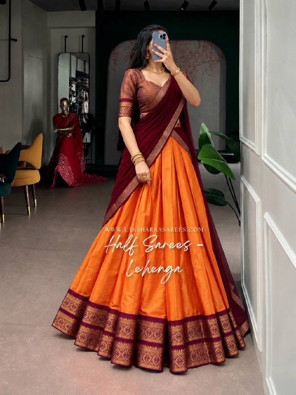 Laksharaa Sarees ARUNA - Kanchi Cotton Half Saree Lehenga Orange and Maroon