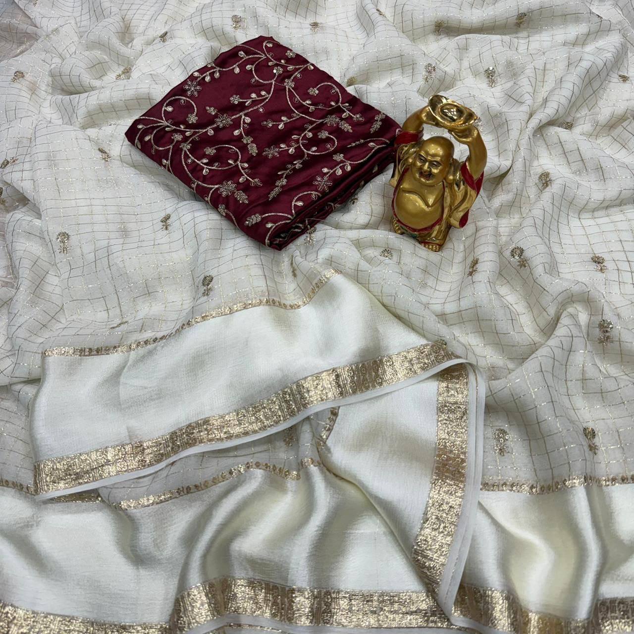 Laksharaa Sarees Ivory Cream x Maroon Viscose Saree Ivory