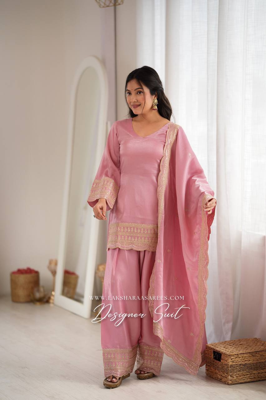 Laksharaa Sarees PAIGE Farshi suit Buttery Pink worn by model, front view smiling