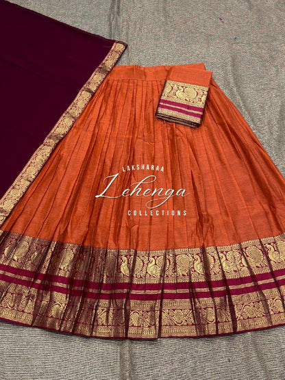 Laksharaa Sarees VAISHALI - Kanchi Cotton Half Sarees Lehenga Burnt Orange with maroon and gold peacock border