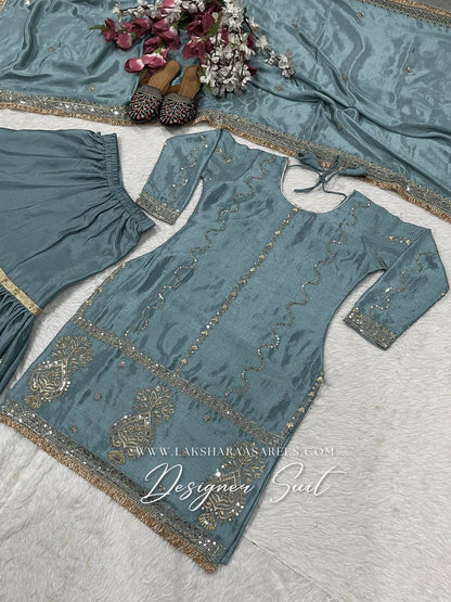 Laksharaa Sarees Abira Sharara Suit Dusty Blue Flat Lay Top Only