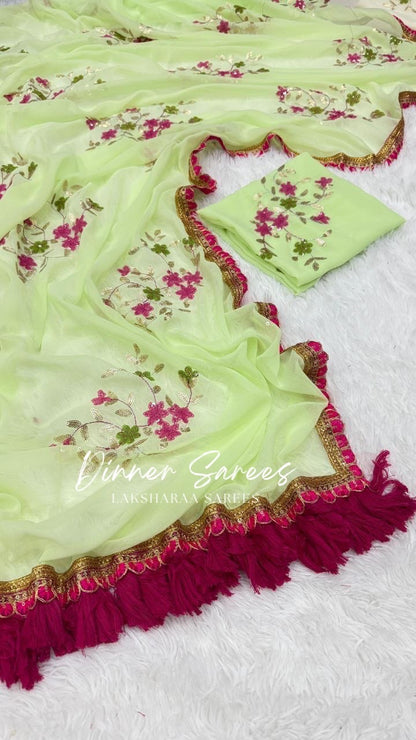 ISHTA - Floral Georgette Saree x Pink Tassel Border