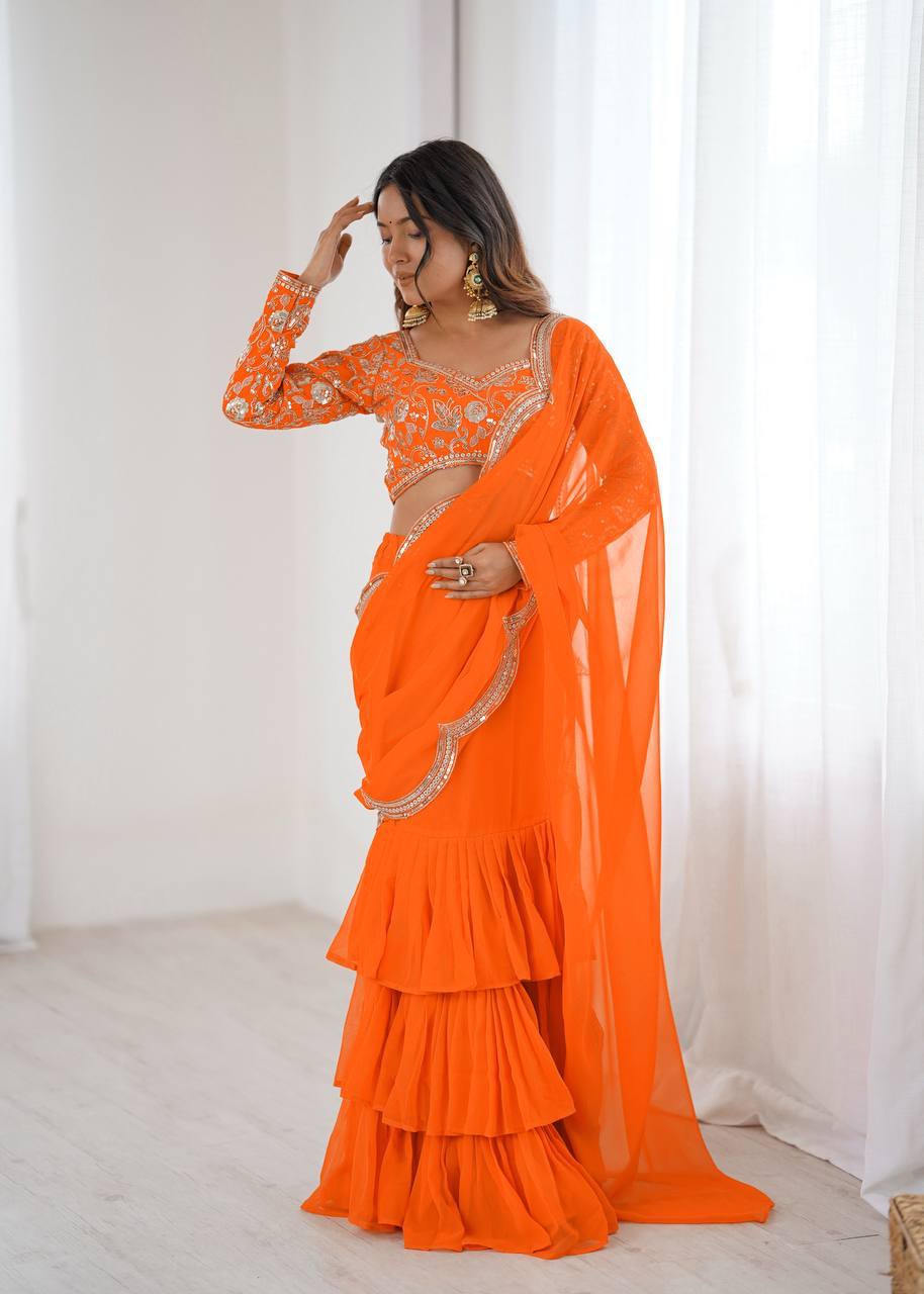 Laksharaa Sarees Georgette Ruffle Lehenga Orange