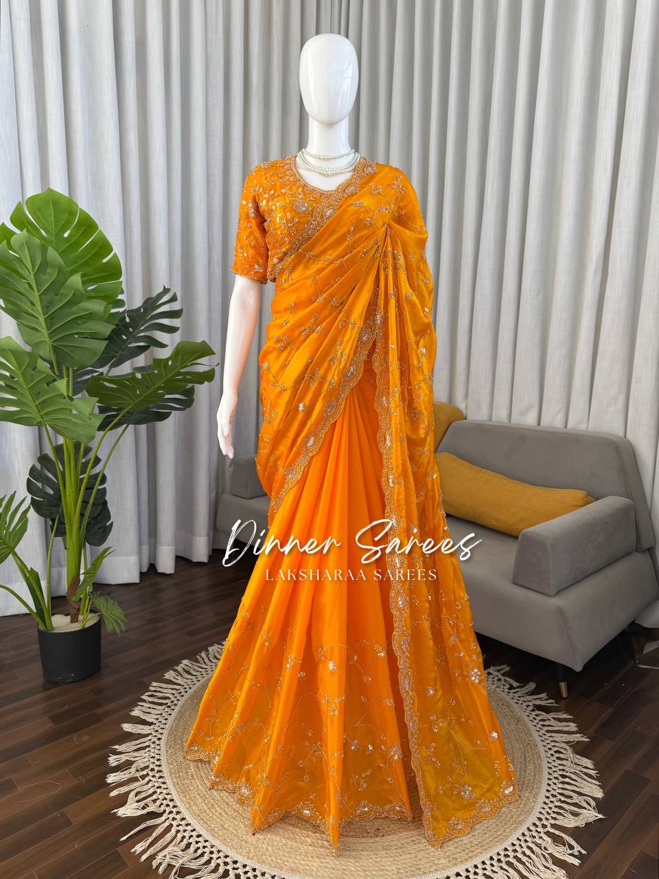 Laksharaa Sarees MEENA Designer Saree Mustard Yellow draped on mannequin, full view