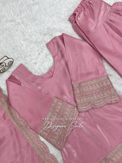 Laksharaa Sarees PAIGE Farshi suit Buttery Pink top close-up with embroidery on sleeves and hem