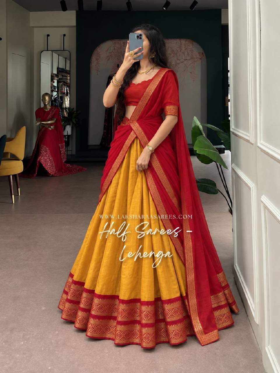 Laksharaa Sarees ARUNA - Kanchi Cotton Half Saree Lehenga Mustard Yellow and Red