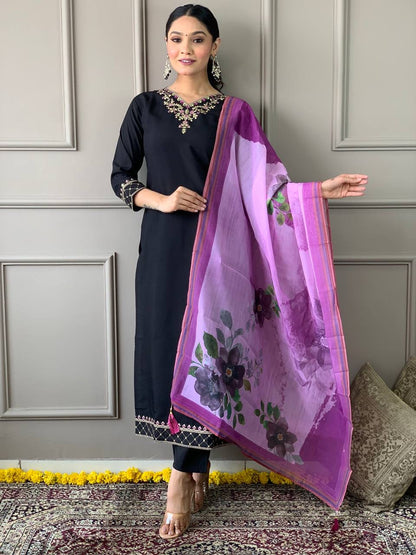 Premium Black x Purple Kurti Set with Grand Neckline