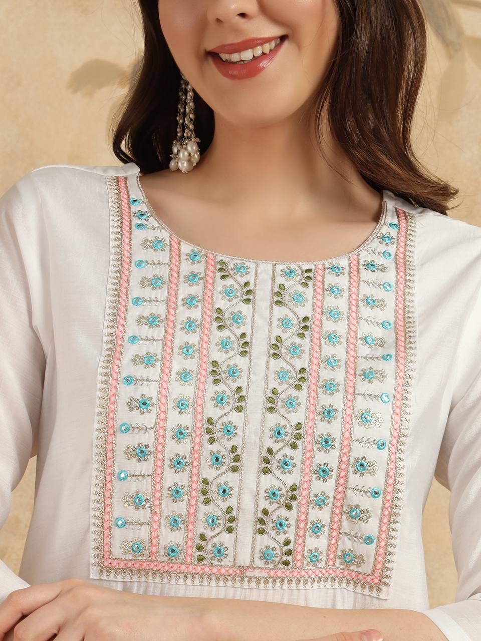 White Kurti Set x Grand Neckline