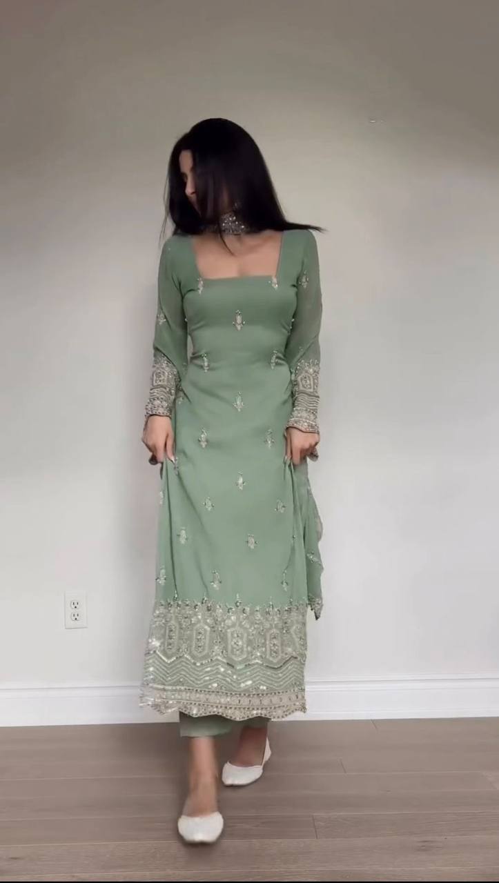 Laksharaa Sarees Georgette Pakistani Salwar Kameez Sage Green Worn by Model