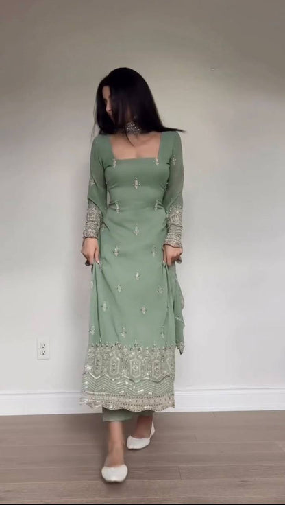 Laksharaa Sarees Georgette Pakistani Salwar Kameez Sage Green Worn by Model