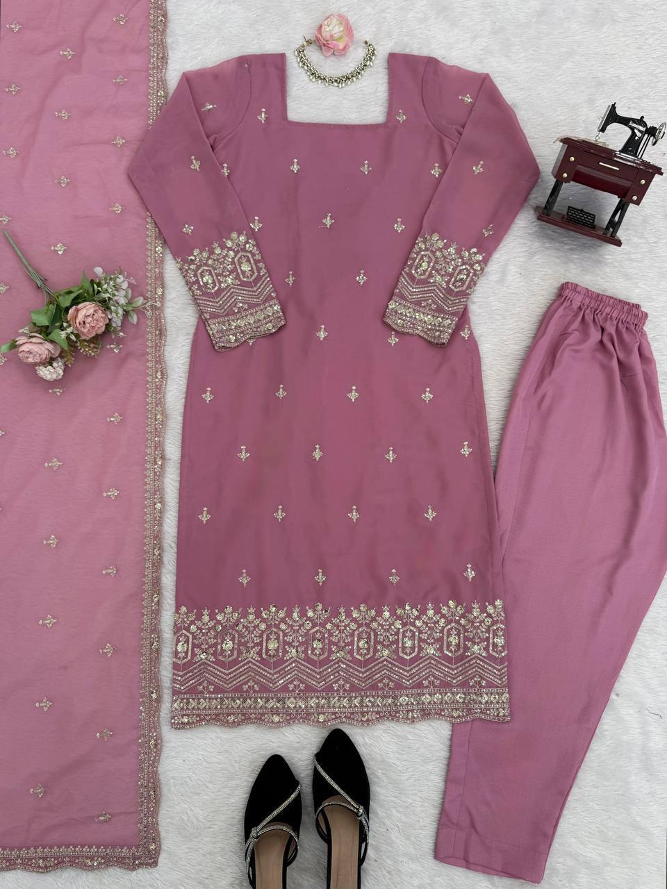 Laksharaa Sarees Georgette Pakistani Salwar Kameez Dusty Rose Flat Lay